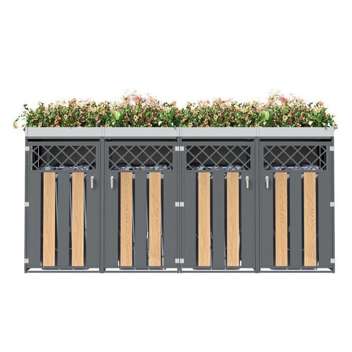 Contenitore per rifiuti LANGTU - 4 scomparti con fioriera - Acciaio zincato - Ante effetto legno - Ventilato e chiudibile a chiave