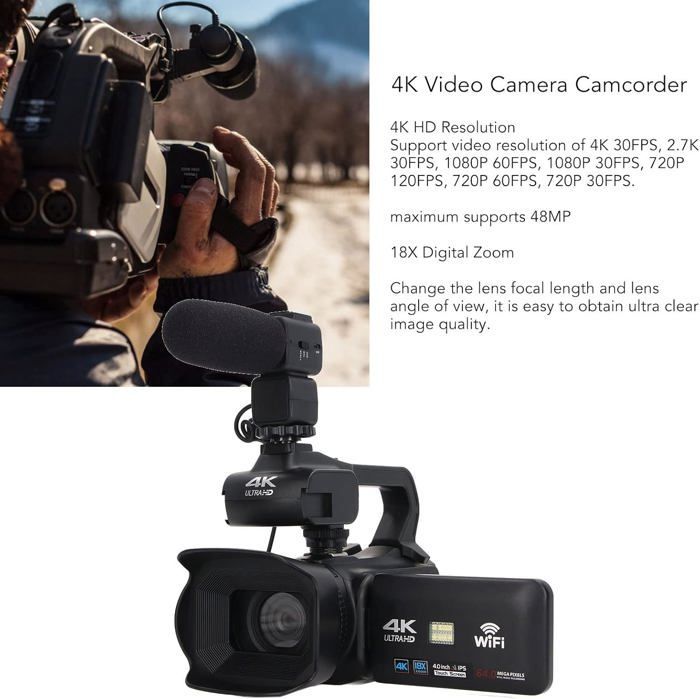 Caméscope Caméra Vidéo 4K Ultra Hd,Zoom Numérique 18X 3.0In Ips Écran Tactile Wifi 2.4G Vlogging Enregistreur Vidéo,Avec Microphon