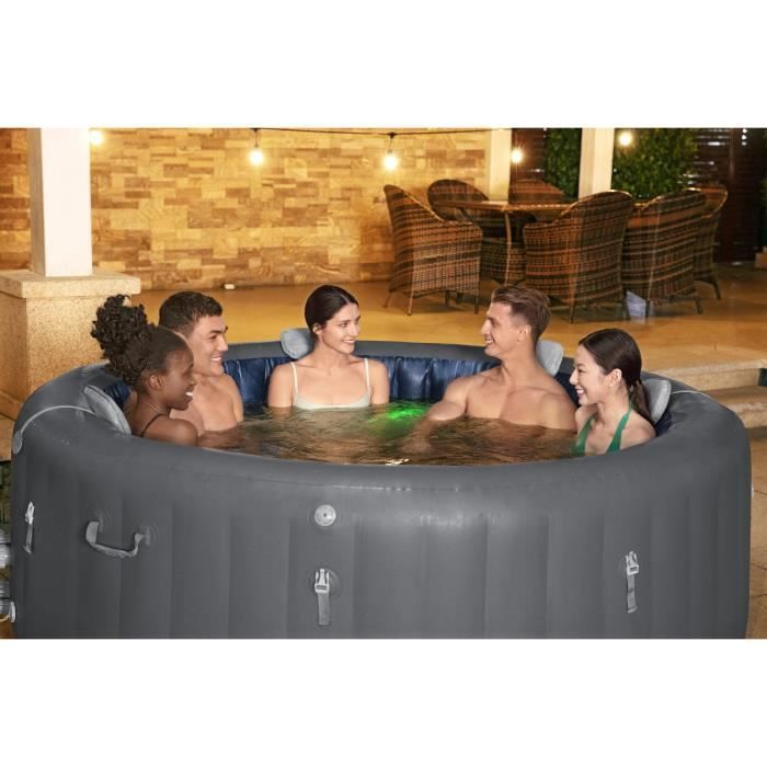Spa hinchable BESTWAY - Lay-Z-Spa Santorini - Capacidad para 5 a 7 personas - Redondo (Incluye 5 reposacabezas acolchados + 2 luces LED de agua ColorJet)