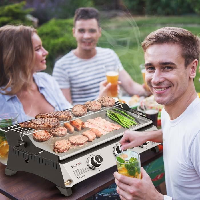 Plancha a gás Royal Gourmet - 3 queimadores, potência de 7,5 kW, superfície de cozimento em aço inoxidável de 61,5 x 32 cm com grelha de aquecimento.
