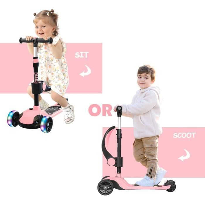 Trottinette Enfant 3 en 1 - LED - Rose - Siège - 3 Roues Élégantes