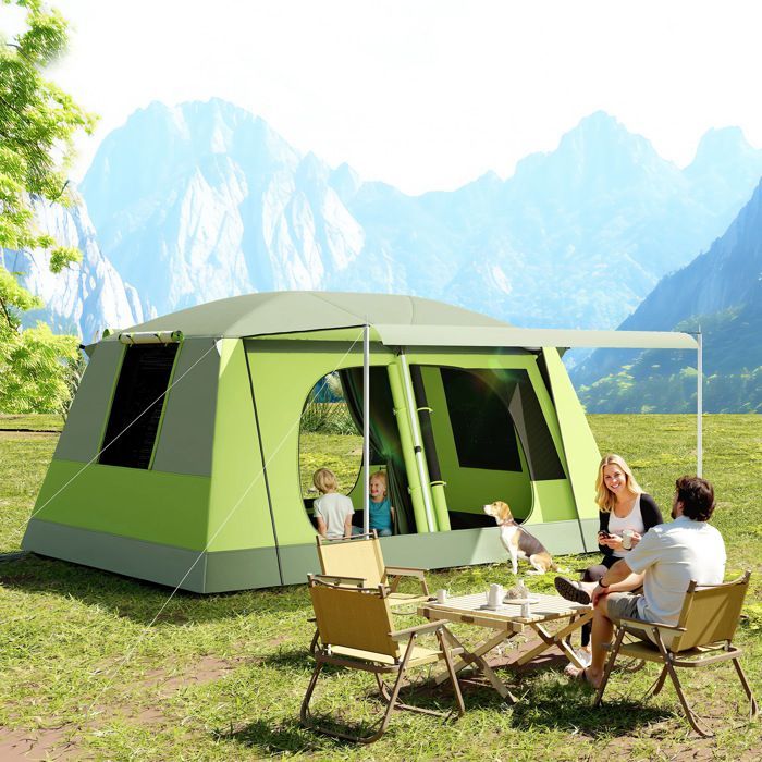 Kampeertent - Outsunny - voor 4 tot 8 personen - lichtgewicht en draagbaar - eenvoudig op te zetten - inclusief luifel, draagtas en haak - groen