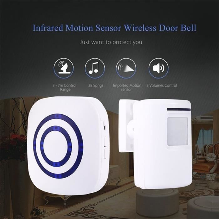 Wireless Doorbell Chime with PIR Motion Sensor for Home, Shop, Store (White)