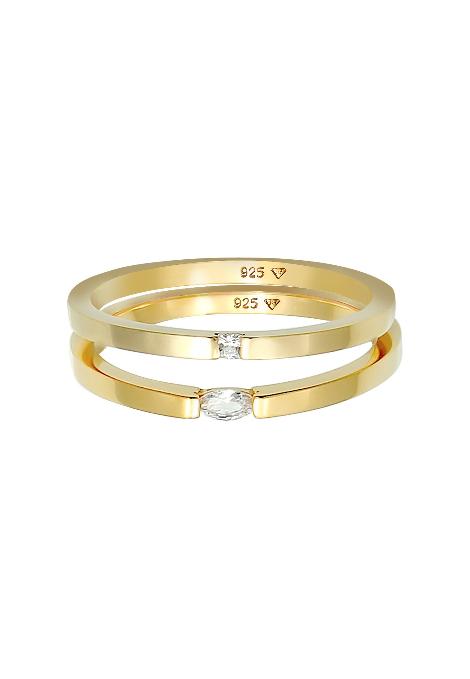 Elli Ensemble Solitaire pour dames Marquise Baguette taillée avec des cristaux de zircone en argent sterling plaqué or 925