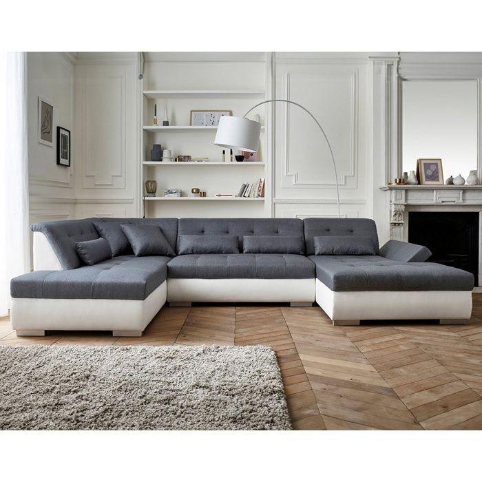Vermont - Sofá panorámico de esquina izquierda - 7 plazas - XXL - Blanco/Gris