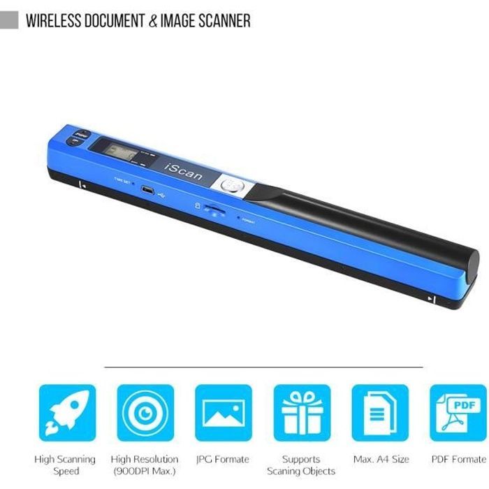 Escáner de documentos inalámbrico portátil A4 900 DPI formato JPG/PDF con pantalla LCD y bolsa para oficina y escuela, color azul (CD)