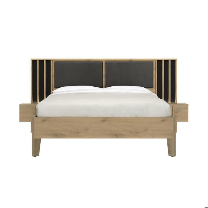 Cama de 140 cm x 200 cm con mesitas de noche e iluminación LED en efecto madera de roble beige.