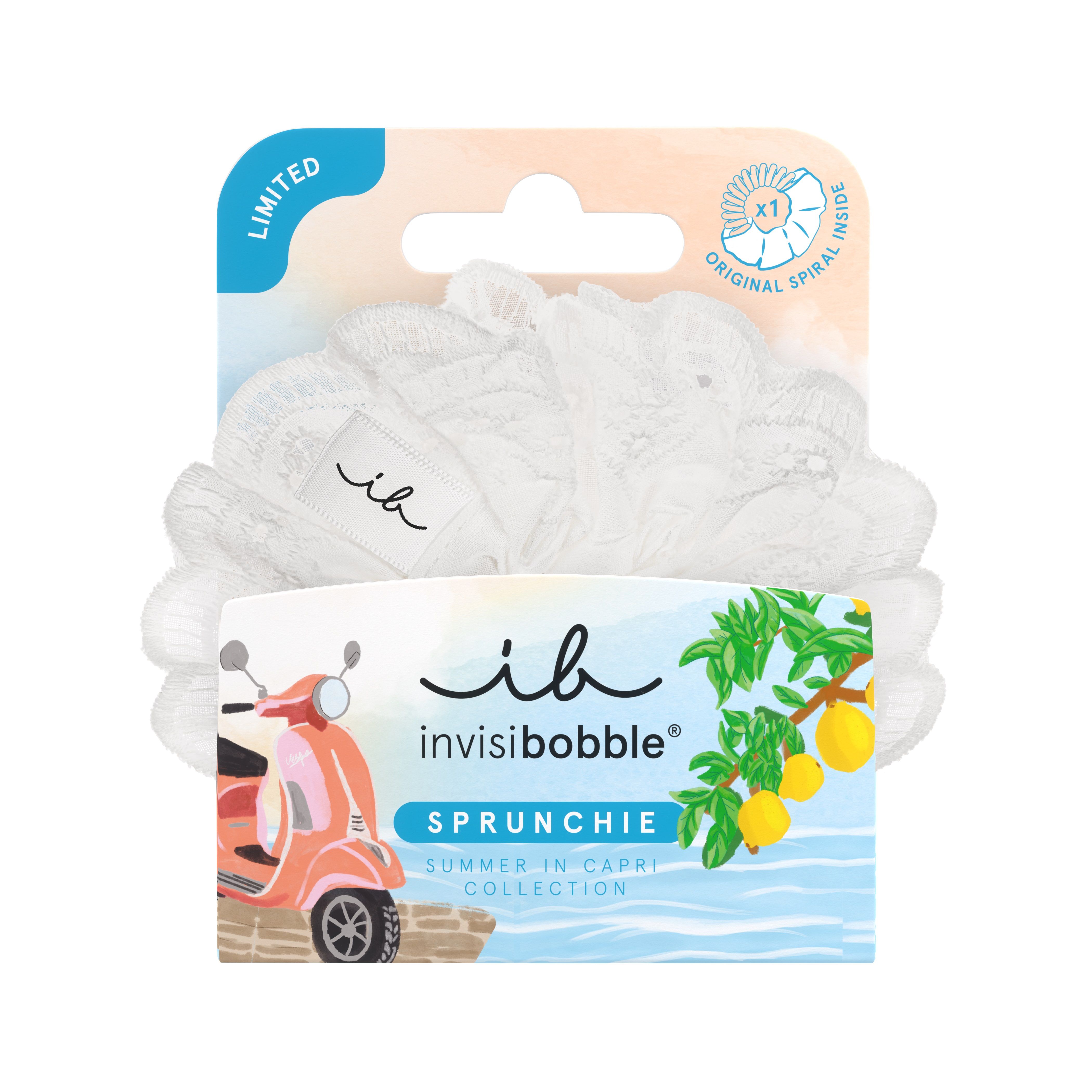 Balta plaukų gumytė „Bliss Summer Capri“ stiliaus. Plaukų aksesuarai