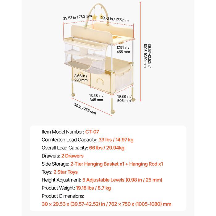 VEVOR Opklapbare Commode - Commode met 2 Stoffen Laden - Zijmand en Kledingstang - Meubel