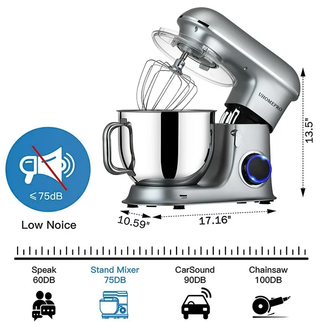 Uhomepro 7,5 QT mikser stojący do kuchni, 6+0+P-Speed z odchylaną głowicą, 660 W, domowy, komercyjny, elektryczny mikser kuchenny do ciasta z hakiem do ciasta, mieszadłem, trzepaczką do jajek, szpatułką, nadaje się do mycia w zmywarce