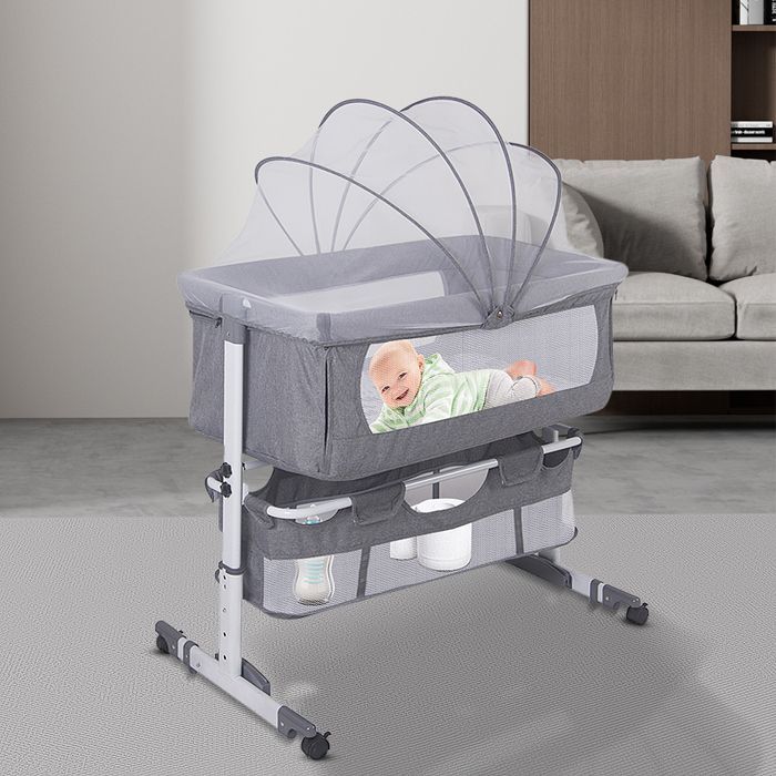 3 en 1 Lit berceau cododo - BELFOYER - avec Matelas et Moustiquaire - pour Bébés de 1 à 3 ans - Berceau Pliable Mobile - Gris
