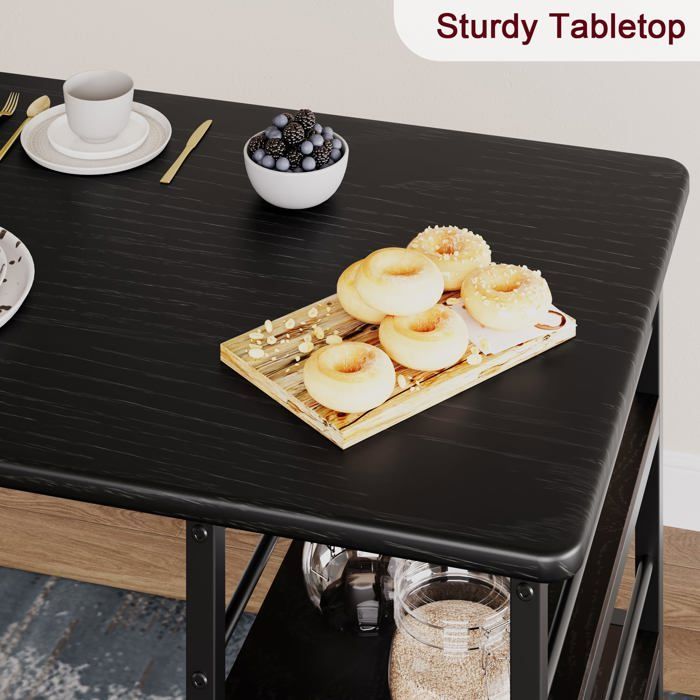 Bar table and stool set, with 1 table and 2 upholstered chairs, kitchen table with 3 shelves, Black