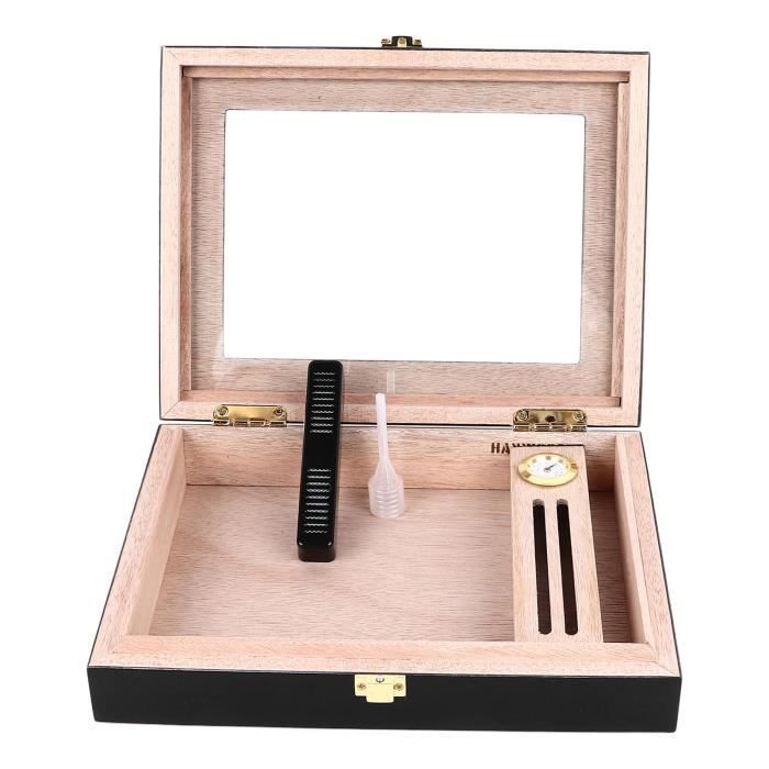 Humidor para puros OMABETA. La caja tiene capacidad para entre 8 y 15 puros, cuenta con una tapa de cristal artesanal e incluye accesorios para puros.