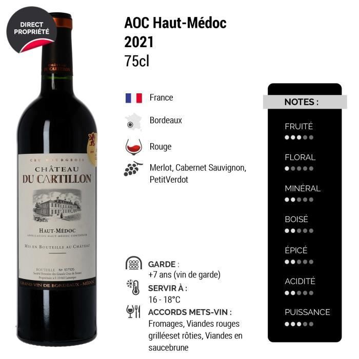 Château du Cartillon Rouge 2021 - Case of 6 x 75cl bottles - Bordeaux Red Wine - Haut-Médoc AOC appellation - Merlot, Cabernet grapes