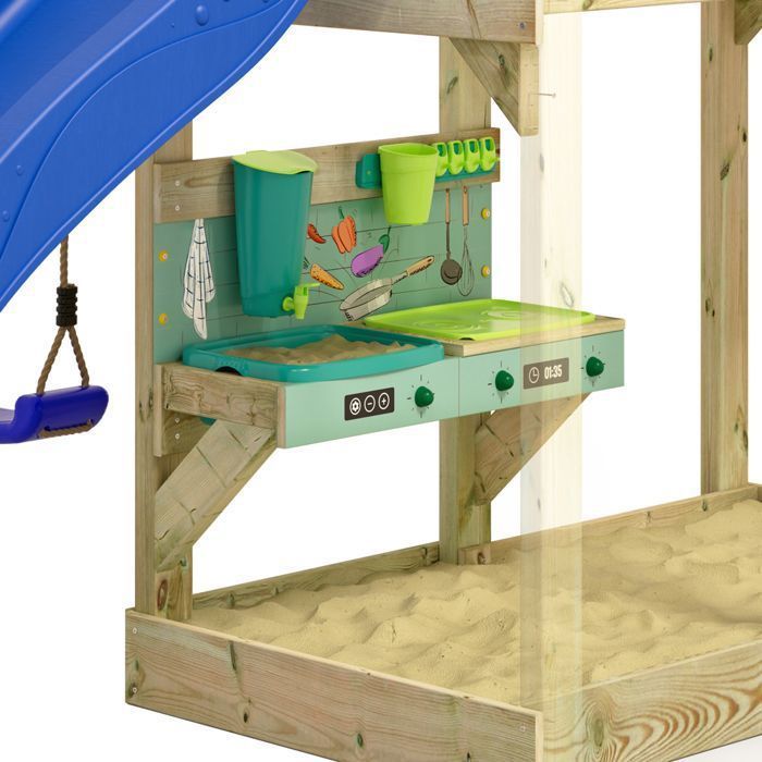 Zona de juegos de madera WICKEY MultiFlyer con columpio doble, tobogán verde pastel de 220 cm y cocinita de barro – 10 años de garantía*