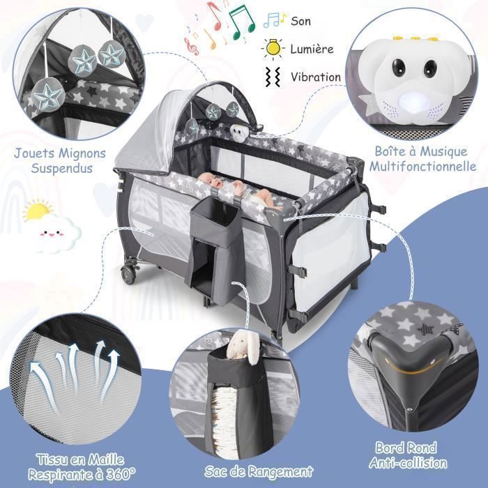 COSTWAY Lit Parapluie Bébé Pliant 5 en 1 avec Matelas,Jouets Suspendus,Boîte à Musique, Auvent Amovible 2 Roues 0-3 Ans 15KG Gris