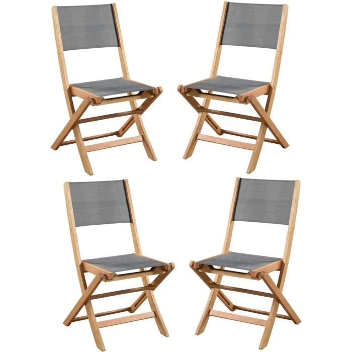 Juego de 4 sillas plegables de jardín en madera de acacia con certificación FSC - EDEN - Asiento de textileno - Gris - 58 x 58 x 90 cm
