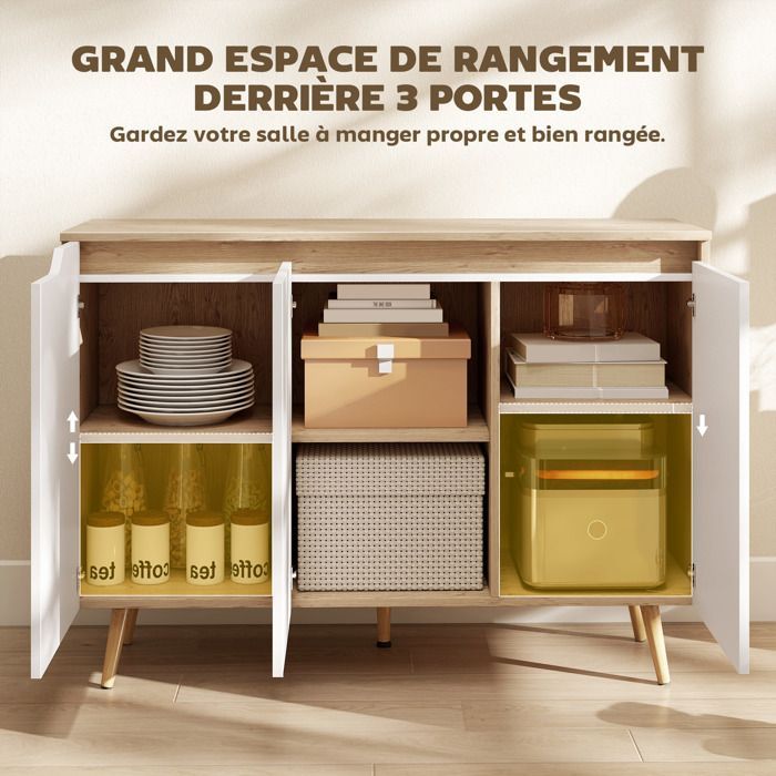 Aparador de cocina - HOMCOM - 3 puertas, estantes ajustables - aglomerado y madera de caucho - 107x35x76,5cm - blanco y roble