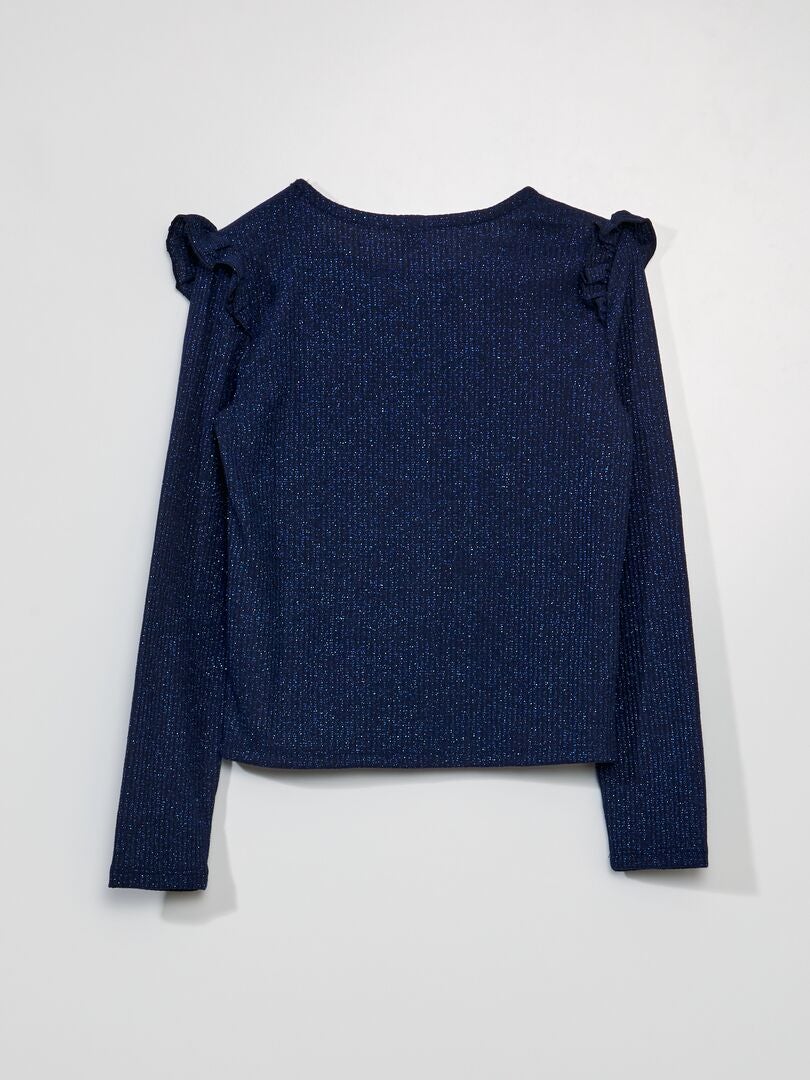 Błyszcząca dzianinowa koszulka T-shirt - NIEBIESKA
