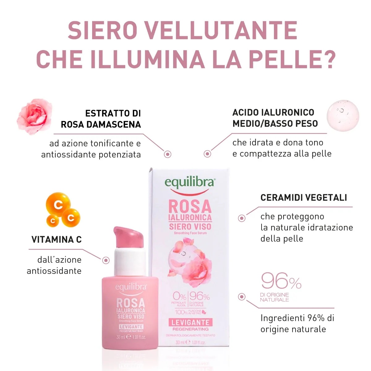 EQUILIBRA Equilibra Hyaluronic Rose gladmakend serum voor de huid 30 ml met verstevigende en antioxiderende werking