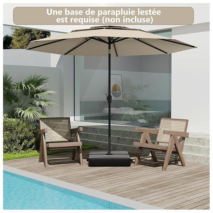 COSTWAY zelfkantelende parasol - Beige - 300 cm x 243 cm - Dubbele ventilatie - Met slinger