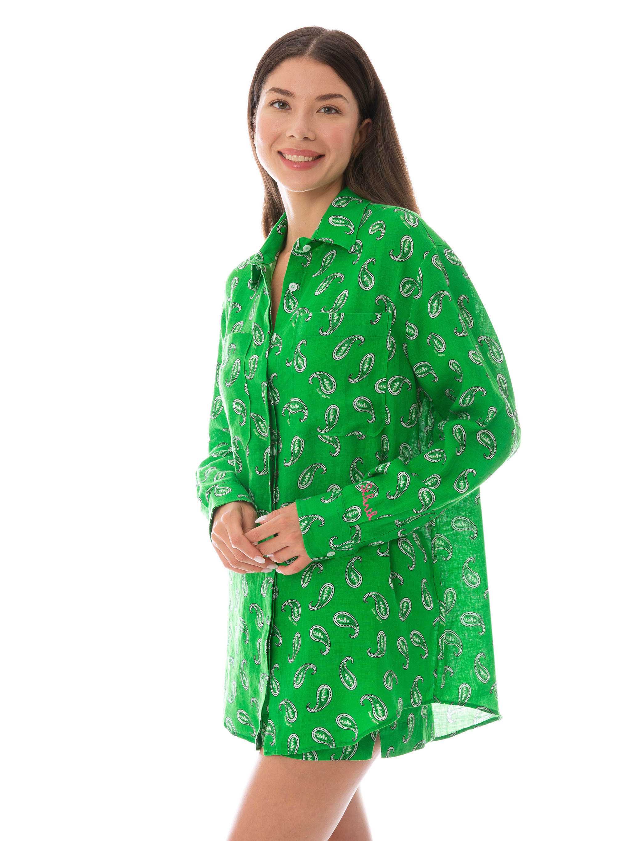 Groen linnen overhemd met paisleyprint