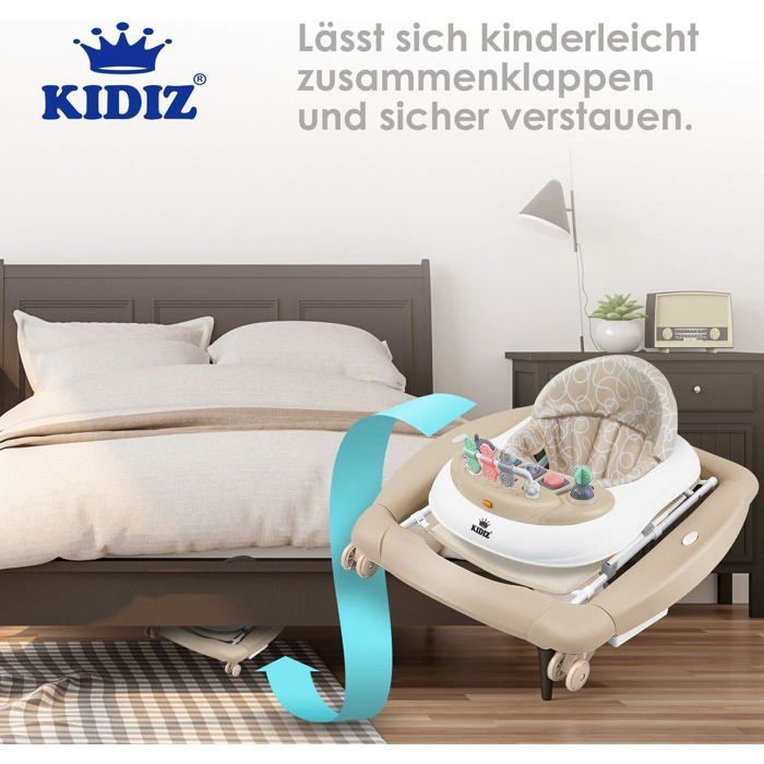 KIDIZ 4-in-1 Baby Walker Tilting Function Lounger with Wheels, Light, Music, Play Area, Dining Table, Folding Walker