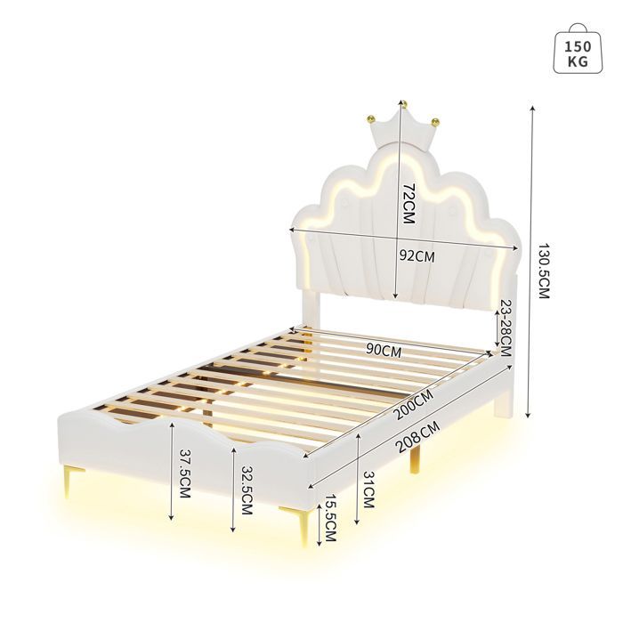Cama individual, cama infantil tapizada de 90x200cm, estructura con LED y somier de láminas, cama Princess Heiress, blanca, PU