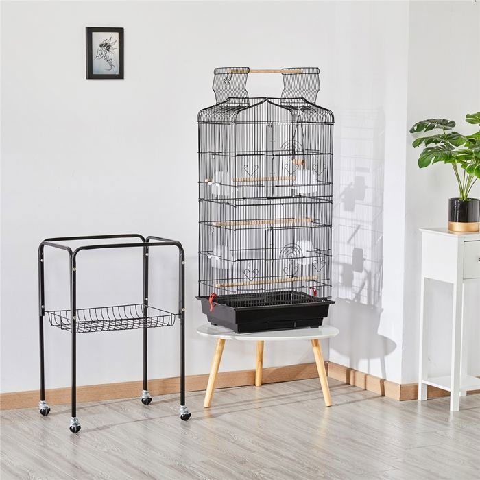 Yaheetech Grande Volière pour Oiseaux Cage à Roulettes Canaries Perroquet Perruches Canaris avec 4 mangeoires, 3 perchoirs, 150,5cm