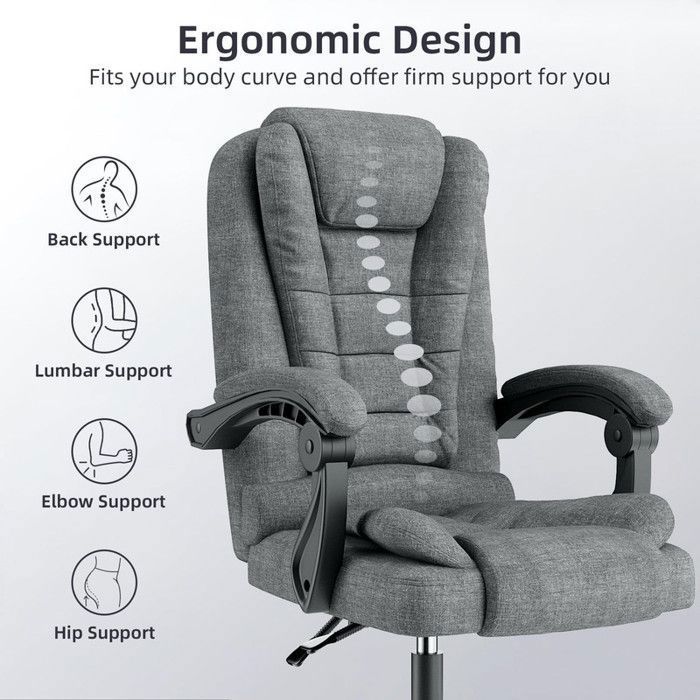 Chaise de bureau BIGZZIA, Fauteuil avec Large Assise rembourrée, Siège Ergonomique en tissu lin, Hauteur Réglable 10 cm, Gris foncé