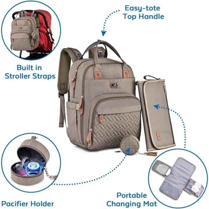 Zaino fasciatoio grande Dikaslon con fasciatoio e clip per ciuccio, cinghie per passeggino - Borsa maternità (kaki)