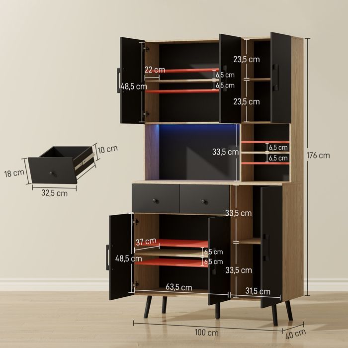 Keukendressoir, hoge opbergkast met RGB LED-verlichting, werkblad, 6 deuren, 2 lades, 100x40x176cm, zwart