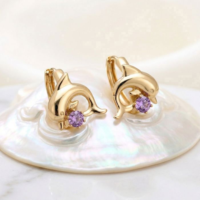 Pendientes de aro - Delfín - Circonita - Lavanda - Chapado en oro amarillo de 18k - 14 mm - Mujer/Niña