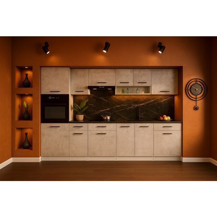 Cuisine complète VIKI Béton gris 300 cm avec colonne four 9 éléments 18 mm