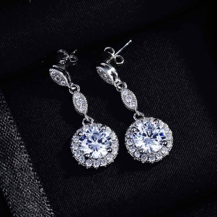 Earring - Women's - Silver - Cubic Zirconia - Round Shape - Brass