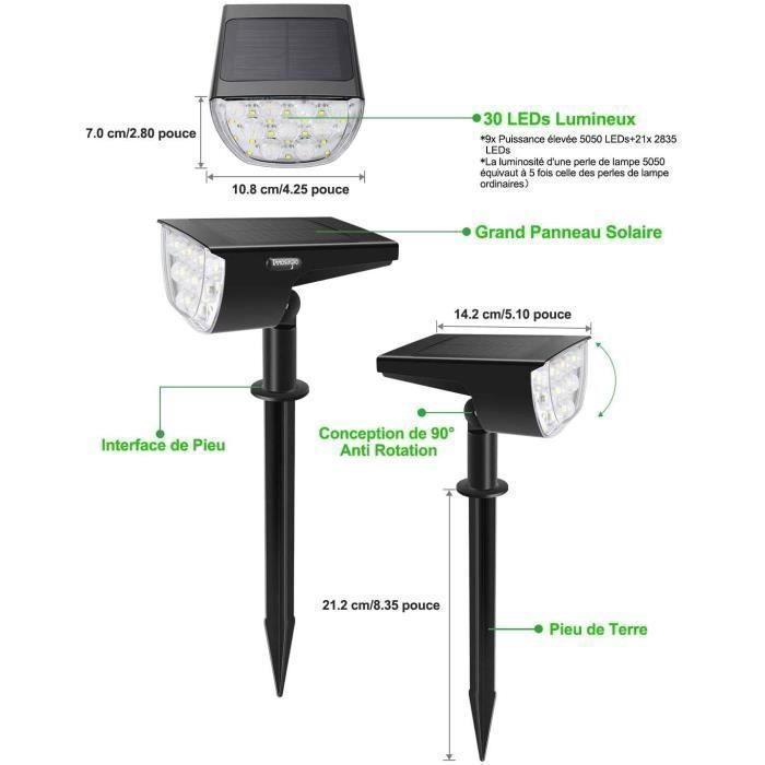 Paquete de 2 focos solares exteriores NetBoat de 30 LED, resistentes al agua IP67, con iluminación ajustable y panel solar de 180°.