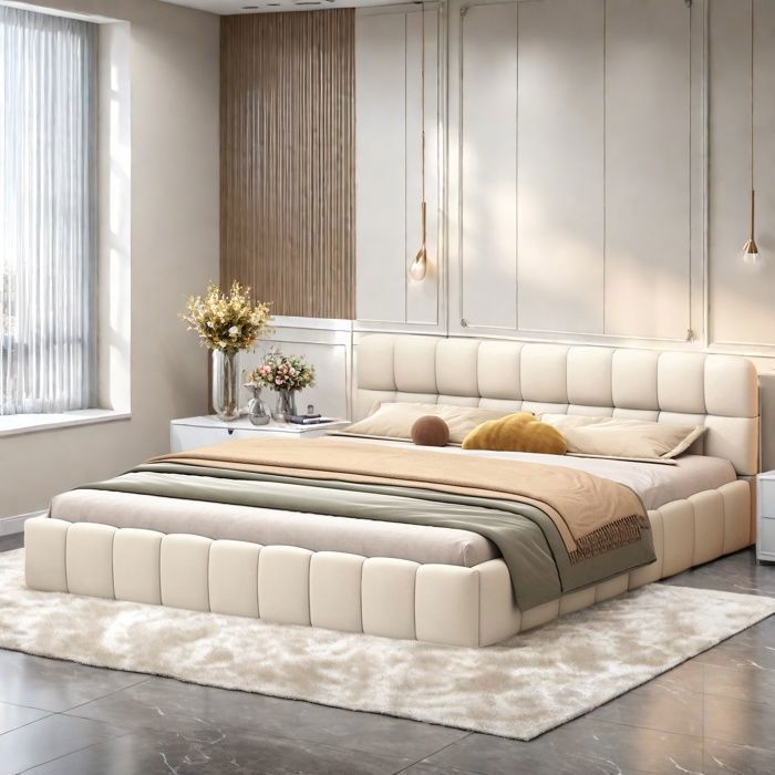 Cama para adultos - TANANT - Cama doble tapizada moderna - 140 x 190 cm - Tela de lino beige - Diseño contemporáneo