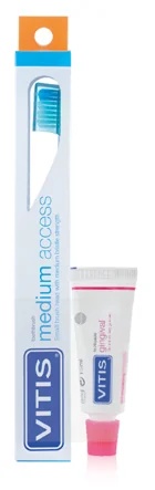 Escova de dentes DENTAID VITIS Vitis Medium Access com cabeça pequena e cerdas médias + pasta de dentes para gengivas 15 ml