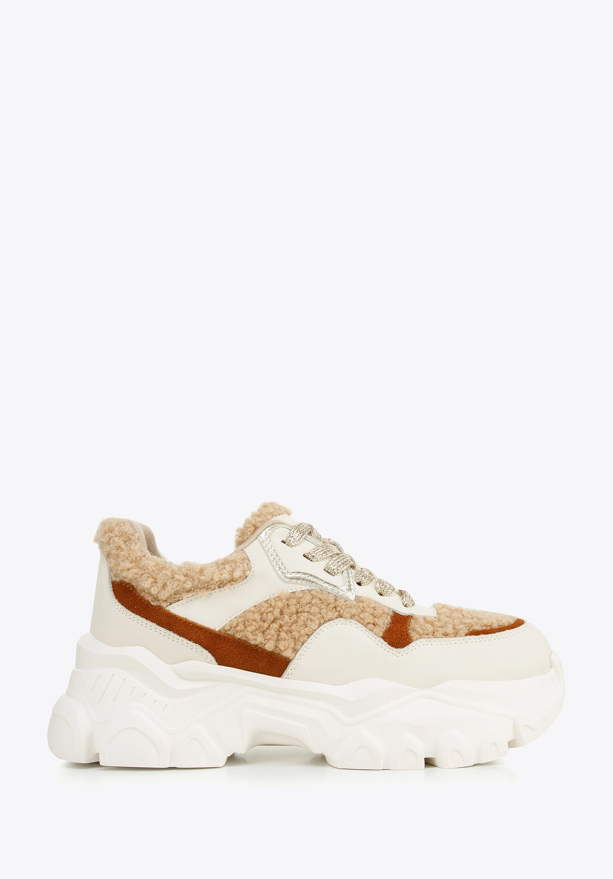 Damskie sneakersy ze sztucznym futrem biało-beżowe