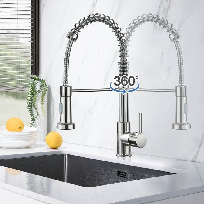 Torneira misturadora de cozinha com bico extensível, 2 jatos, giro de 360°, acabamento em níquel escovado fosco.