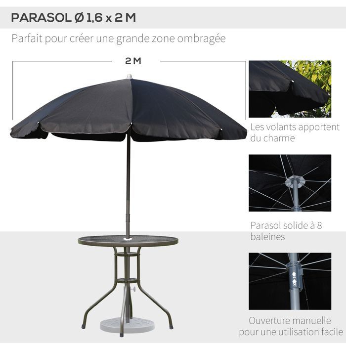 Ensemble salon de jardin - Outsunny - 6 pcs table ronde 4 chaises pliables parasol - acier - noir