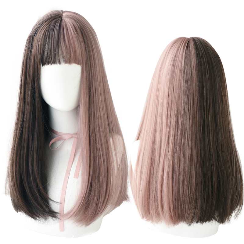 Parrucca lunga Remy con frangia, ombre nera marrone, sintetica, stile Lolita per donna, resistente alle alte temperature, parrucca per cosplay.