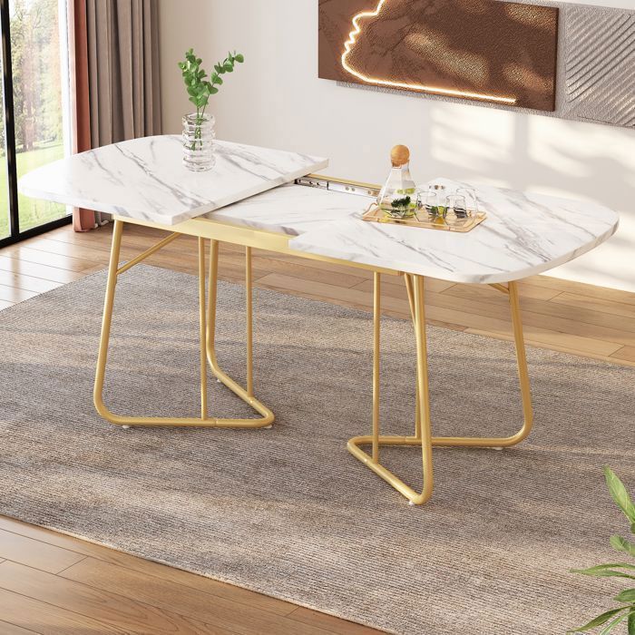 Mesa de comedor extensible Lemonbest de 140/180x80cm, blanca con base de mármol y exquisitas patas de metal chapadas en oro de lujo.