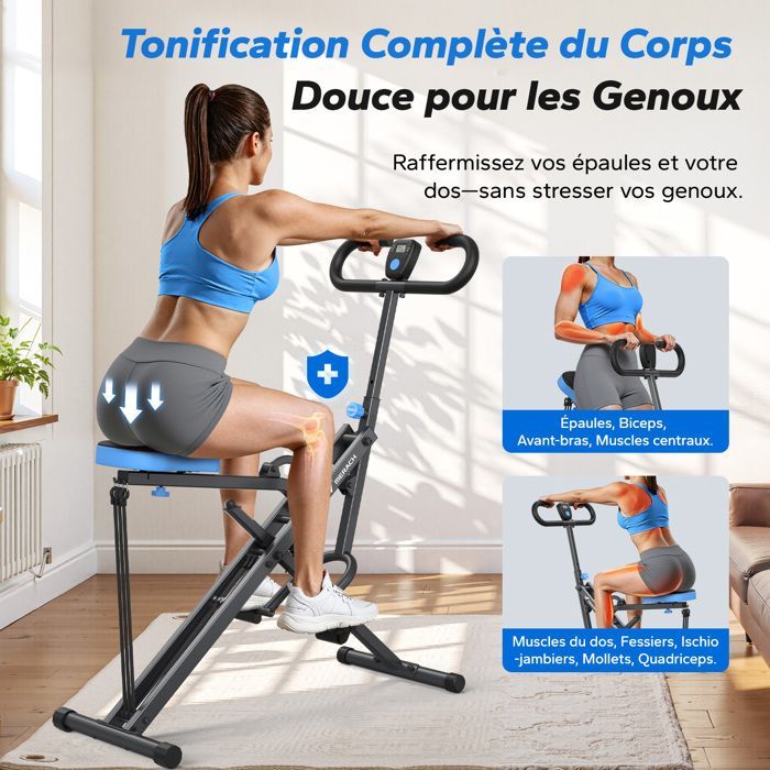 Machine à Squat et Rameur – MERACH - Résistance Réglable - Pliable - Max 160 kg -Écran LCD - Pour Abdos/Jambes/Dos - Gris