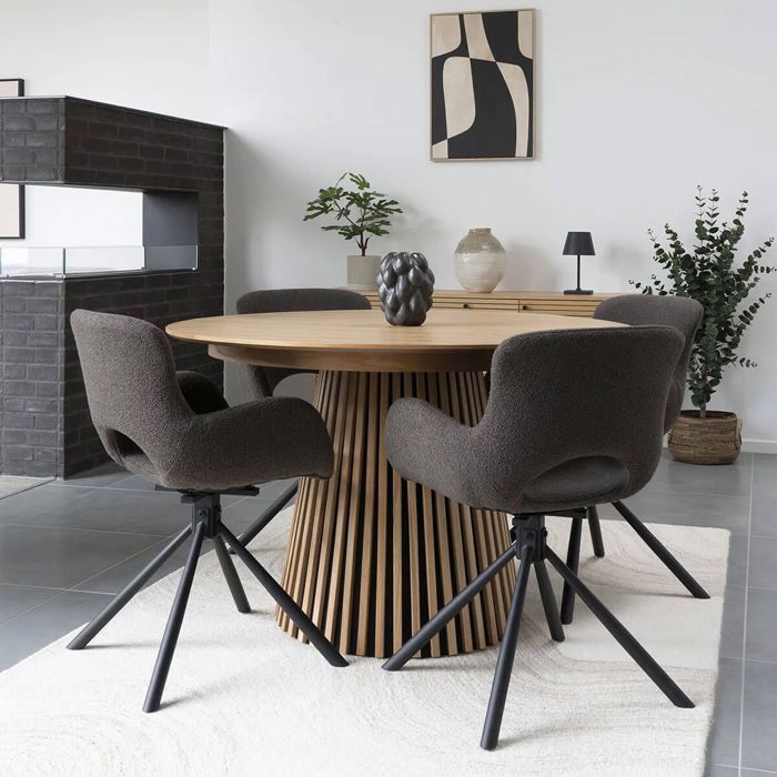 HERMOS - Juego de 2 sillas de comedor de tela bouclé color topo con base giratoria de metal negro.