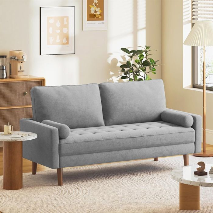Sofá de terciopelo de 3 plazas - Sillón de estilo moderno y contemporáneo en tela gris con 2 cojines - Patas de madera maciza - 77x173x84cm