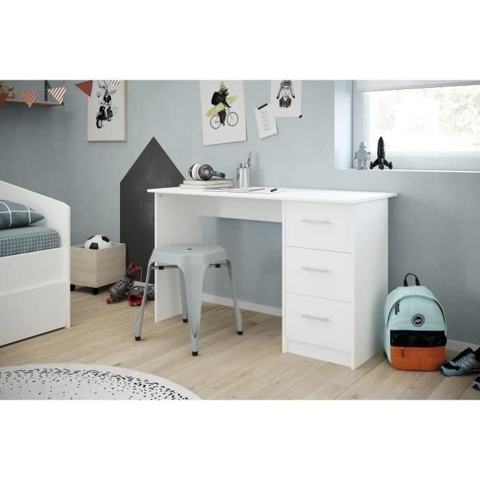 Bureau droit 3 tiroirs - Panneaux de particules - Décor Blanc - Scandinave - L 121 x P 55 x H 74 cm - ESSENTIEL