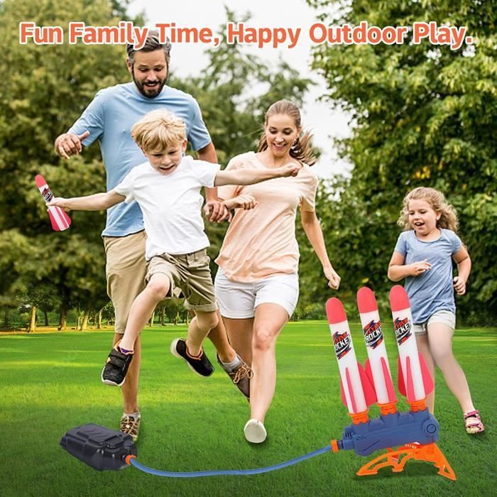 Jouet Lance Roquettes pour Enfants, Tire Jusqu'à 100 pieds, 4 Fusées en Mousse Colorées,Rampe de Lancement Stomp