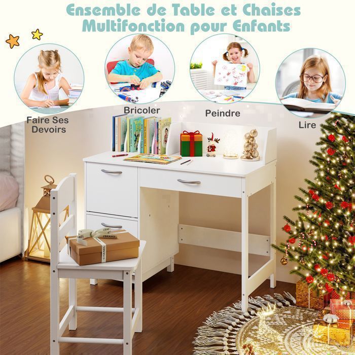 Escritorio infantil GOPLUS con silla - 90x45x81CM - 1 cajón deslizante + 2 puertas + estante superior - Blanco