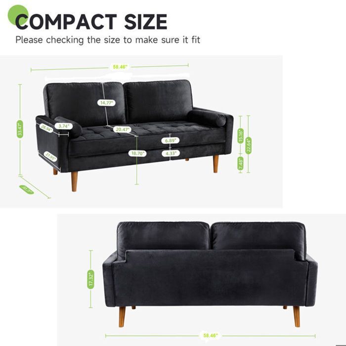 Canapé 2 Places en Velours Noir 142 x 76 x 85 cm,Canapé Scandinave avec 2 coussins pour le salon,Fauteuil Capitonné,Pieds en bois